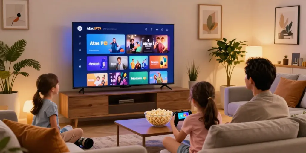 Famille profitant d'Atlas IPTV sur un téléviseur, ambiance chaleureuse.