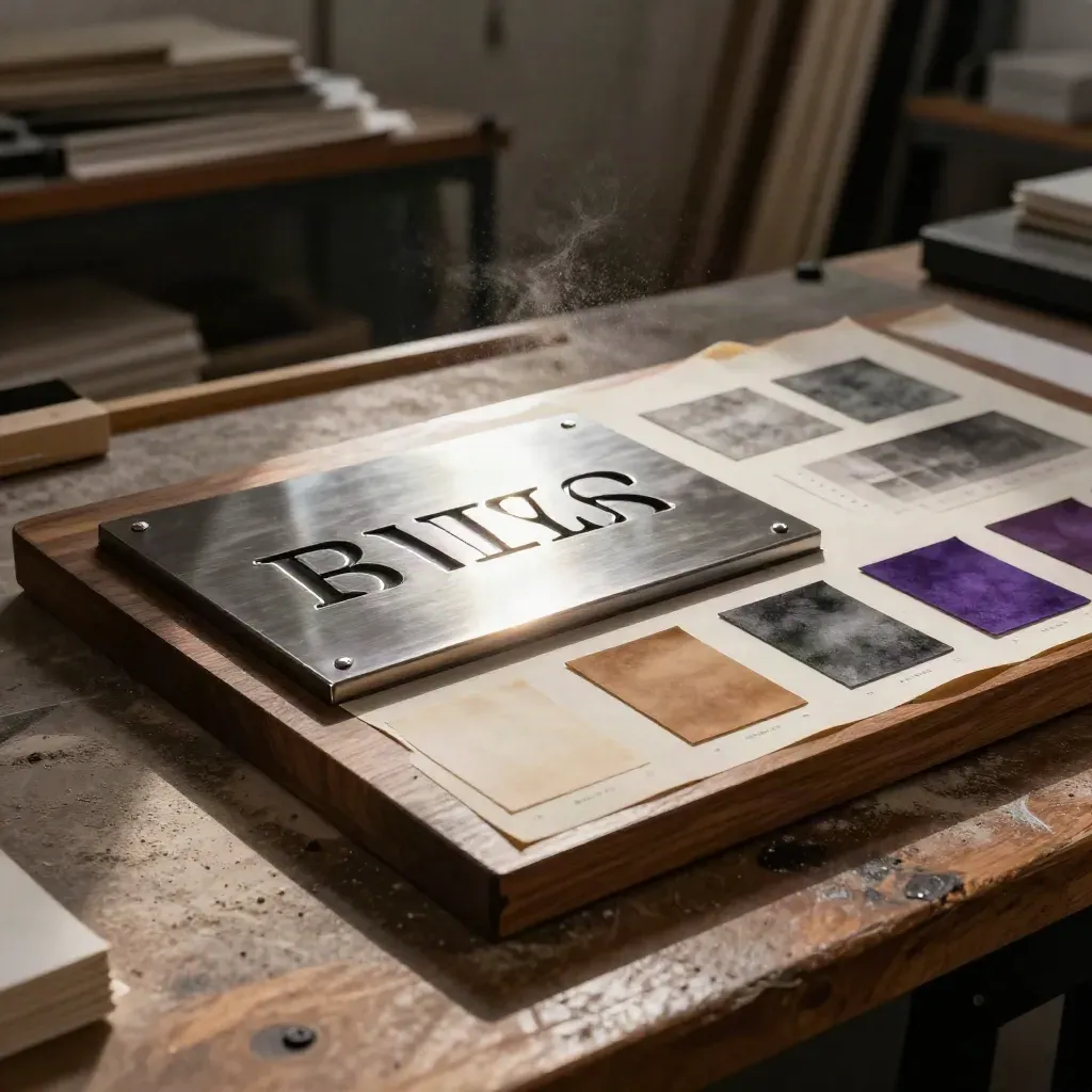 Plaque logo embossée, spécimens typo et nuanciers violets sur un établi sombre.