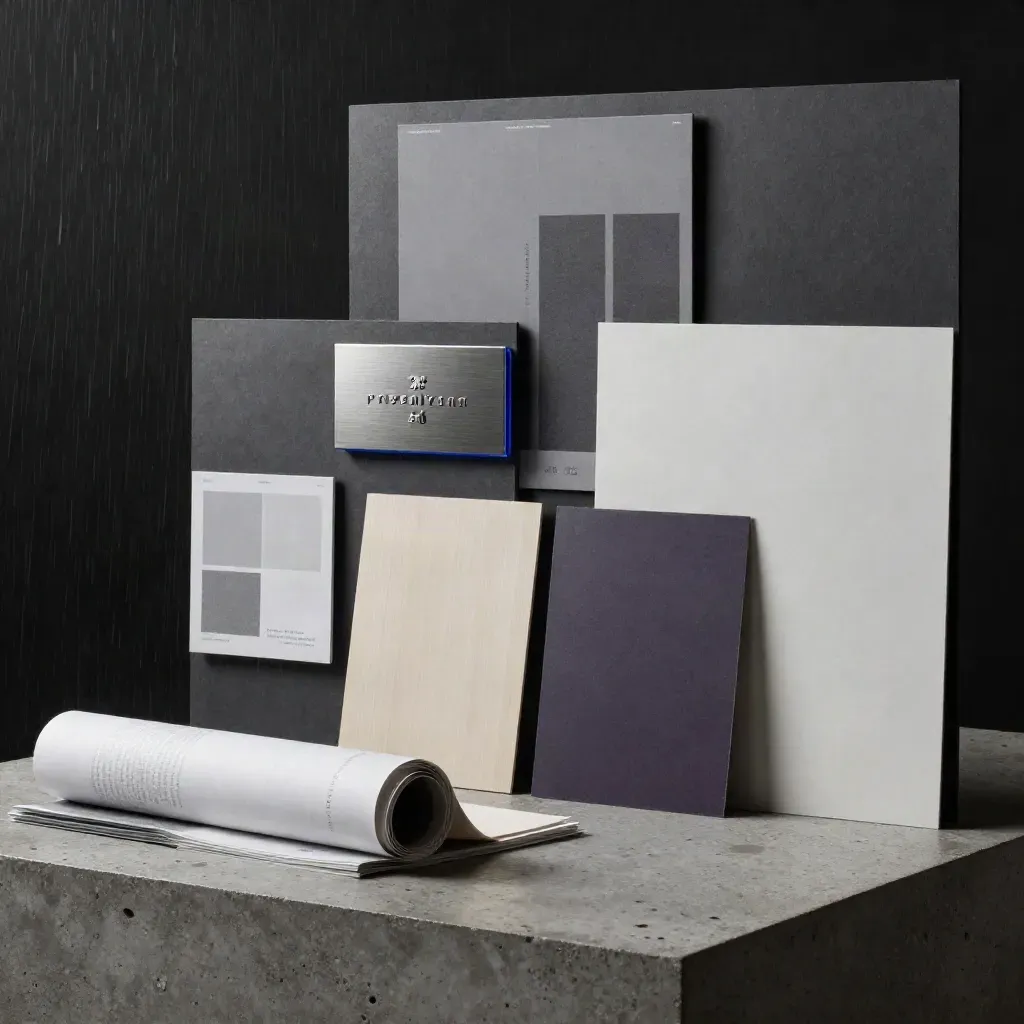 Atelier premium de brand identity, moodboards, maquettes web et plaque logo sous lumière dramatique.