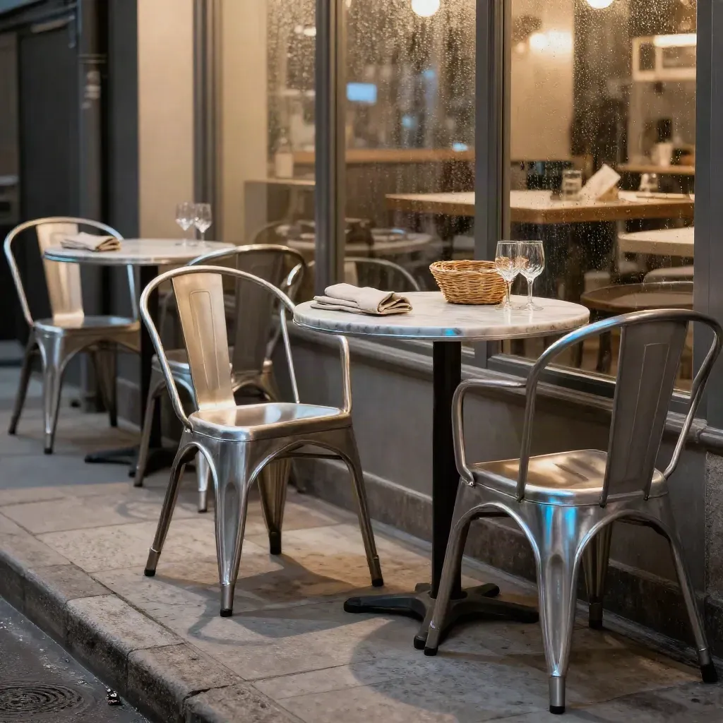 Terrasse de bistrot rénovée, tables dressées, intérieur chaud derrière la vitre.