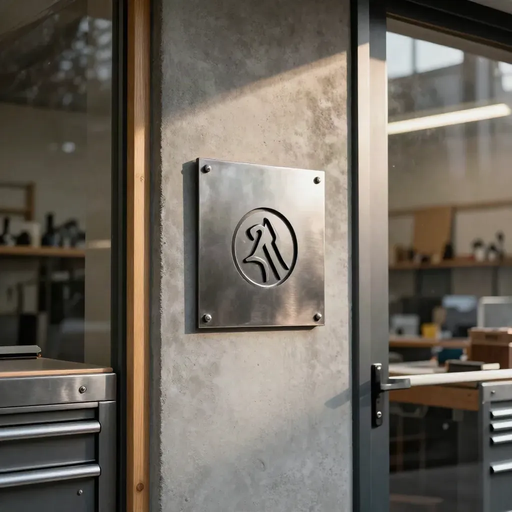 Façade d’atelier moderne avec plaque logo métallique, armoires d’outils et lumière d’après-midi.
