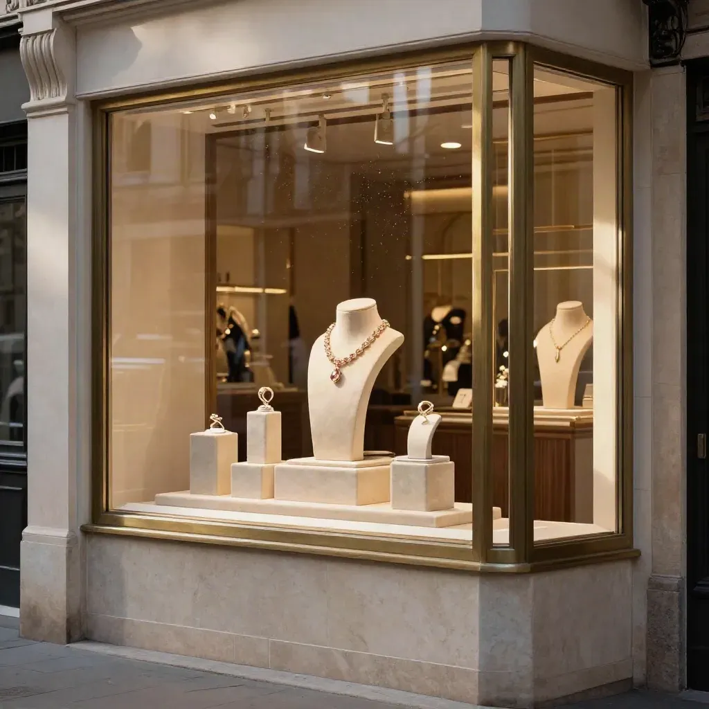 Vitrine de bijouterie raffinée avec velours, pierre claire et vitrines lumineuses au soleil.