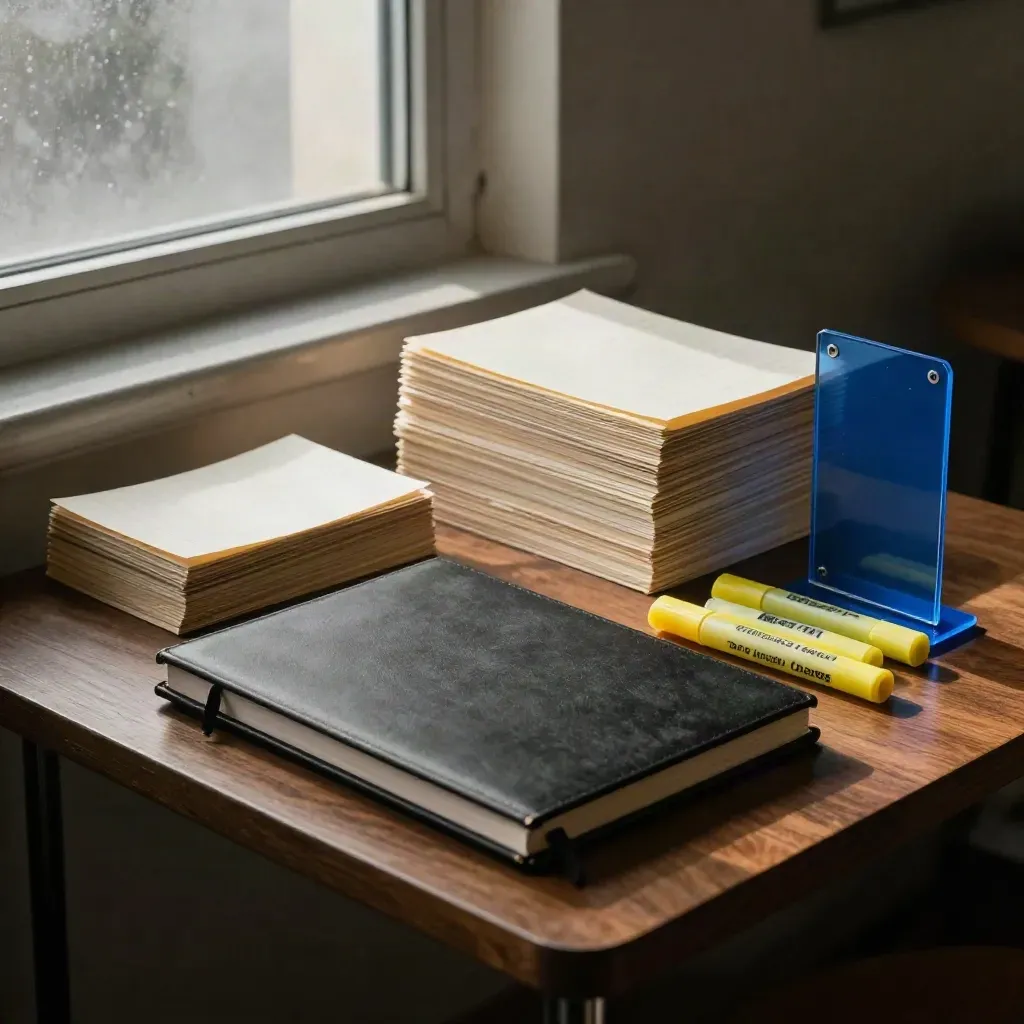 Carnet noir, livres fermés et cartes de copie retournées sur une table, lumière bleue dramatique.