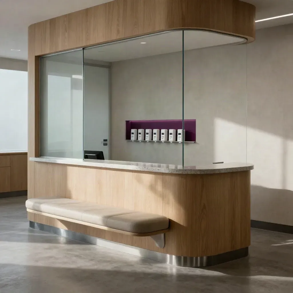 Réception de clinique apaisée en bois clair et verre dépoli, sans personne.