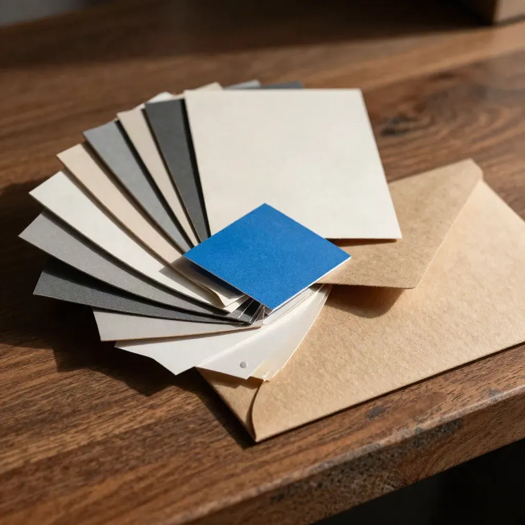 Chips couleur et échantillons mats sur un plan de travail en noyer, avec une enveloppe kraft.
