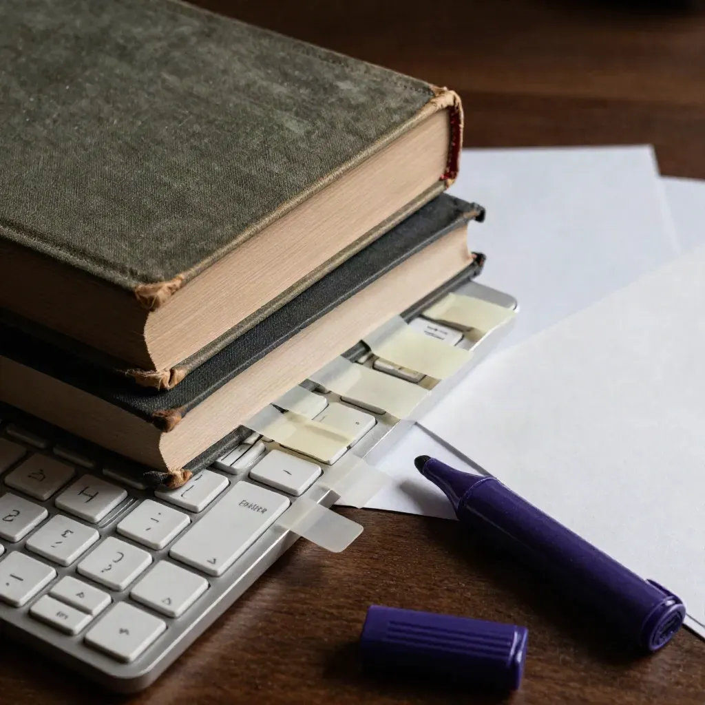 Pile de travail SEO avec livres fermés, clavier fin, onglets adhésifs et capuchon violet.