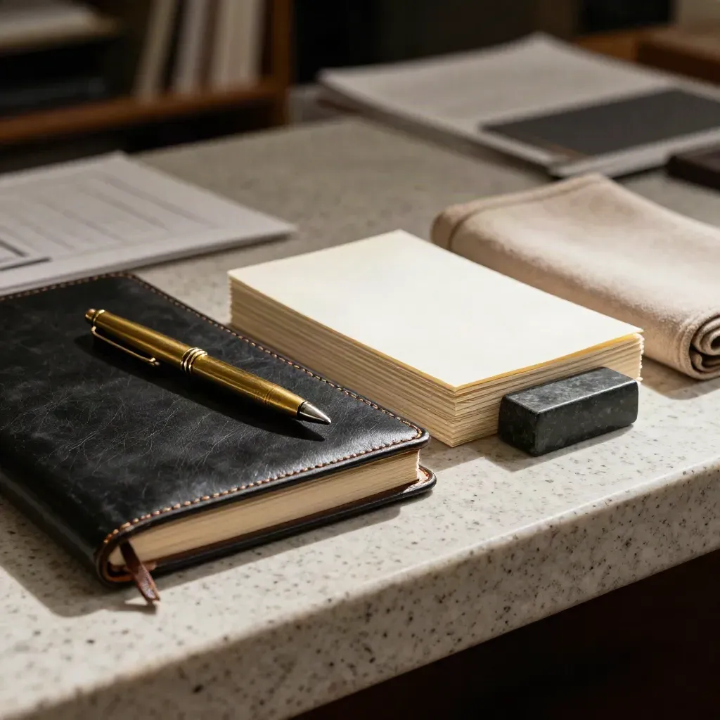 Carnet cuir, stylo laiton et cartes de brief sur travertin, lumière dramatique.