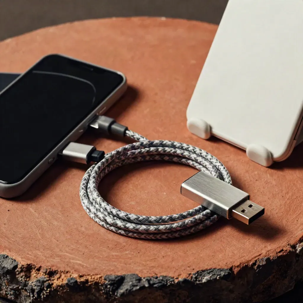 Kit web avec téléphones, câble tressé, clé USB et support de tablette sur terre cuite.