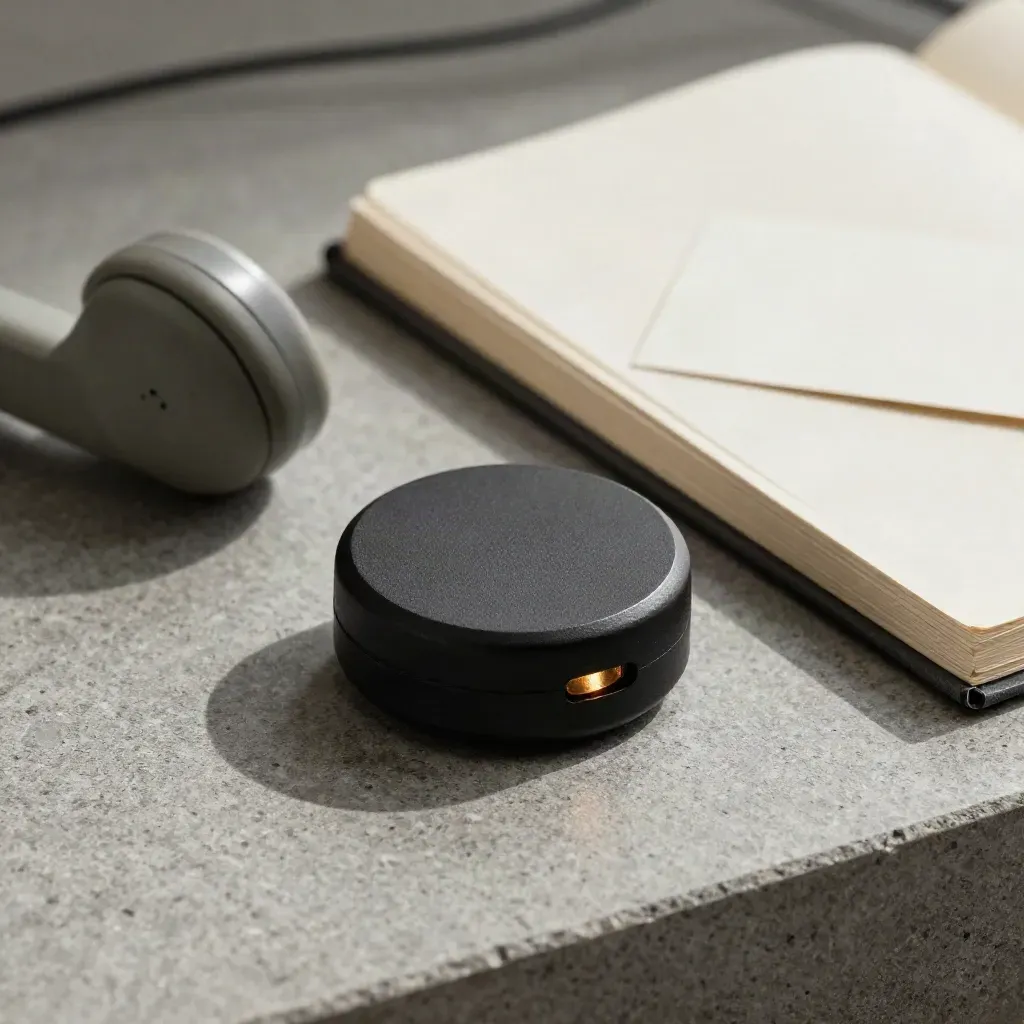 Speaker puck noir, carnet fermé et berceau de combiné sur pierre, voyant allumé
