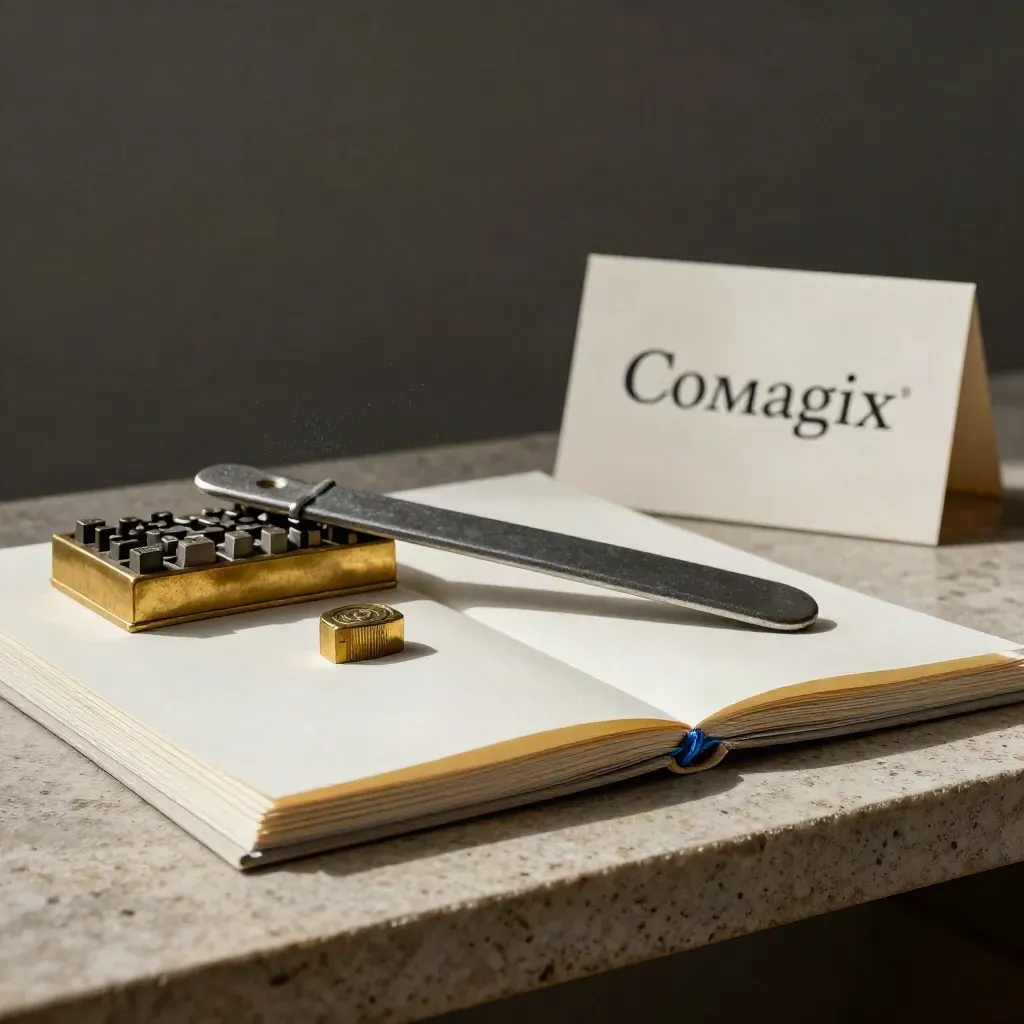 Outils typographiques en laiton et papier plié sur étagère de pierre, lumière rasante.