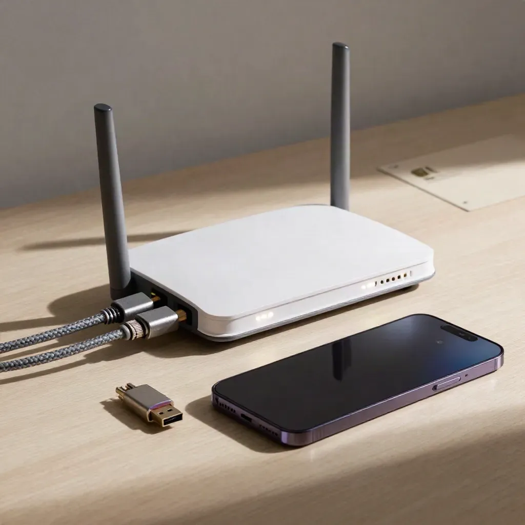 Routeur, câbles Ethernet, téléphone de test et clé USB sur bois clair, lumière rasante.
