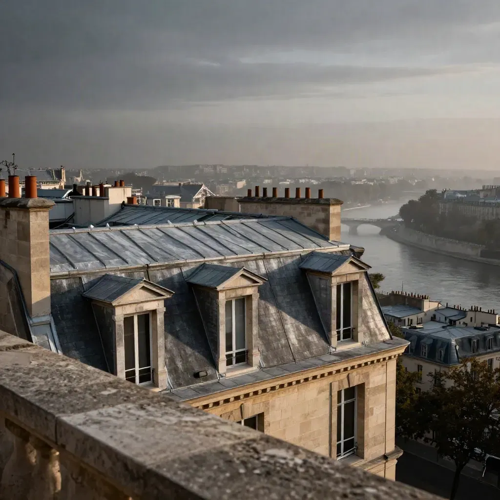 Toits de zinc parisiens dans la brume du soir, vue haute avec large espace calme en bas.