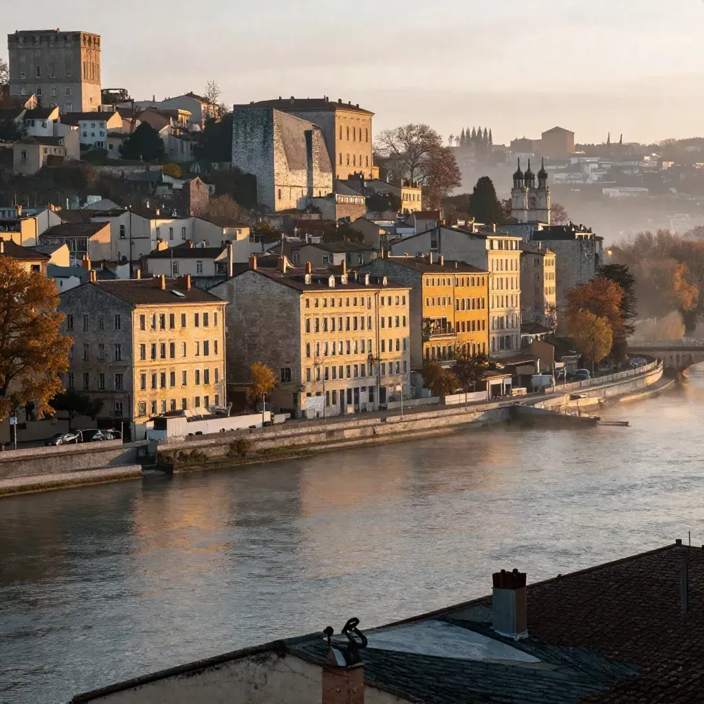 La boucle du Rhône à Lyon au lever du jour, façades hautes dans la brume dorée.
