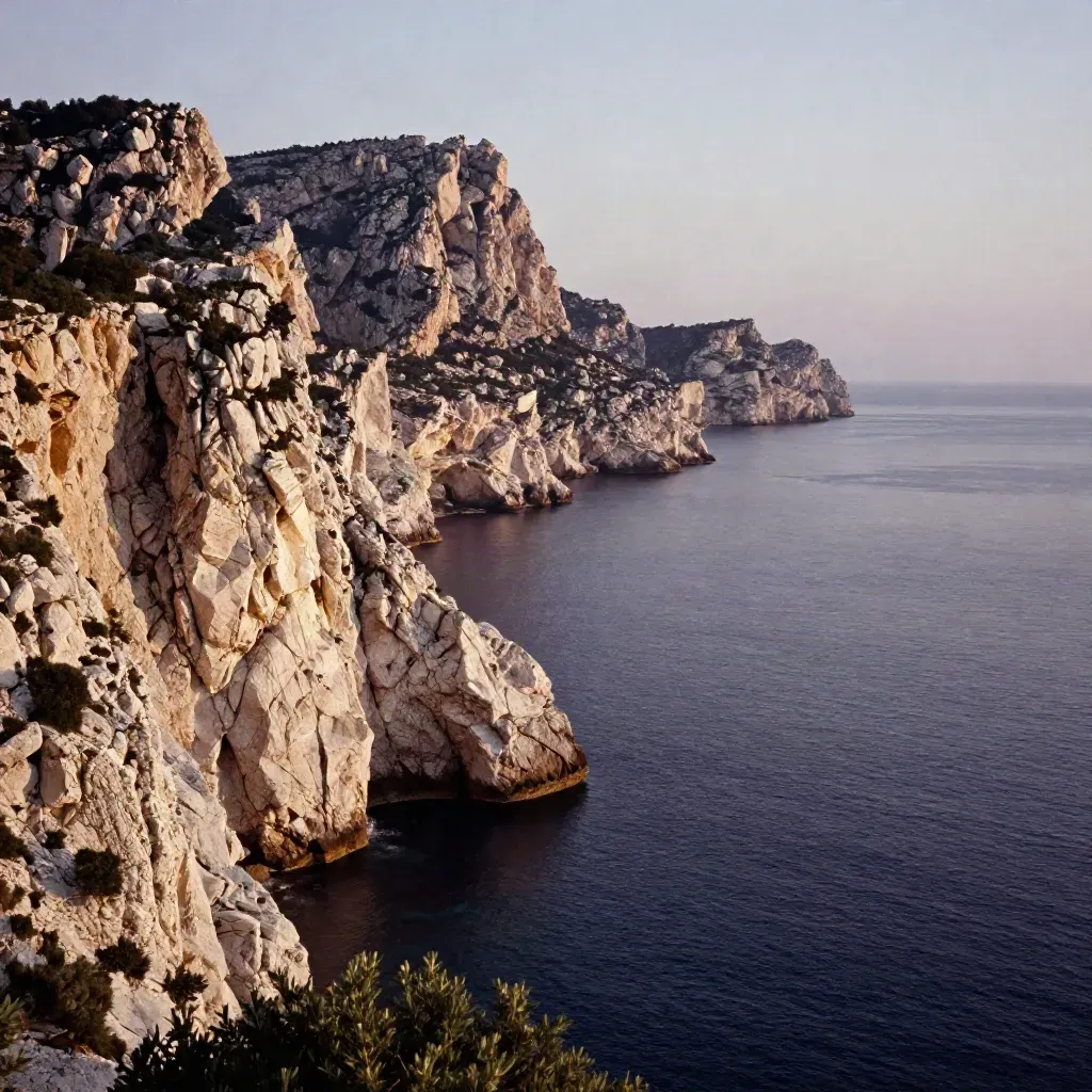 Falaises claires des Calanques au-dessus d’une mer sombre, sous une lumière dorée et brumeuse.