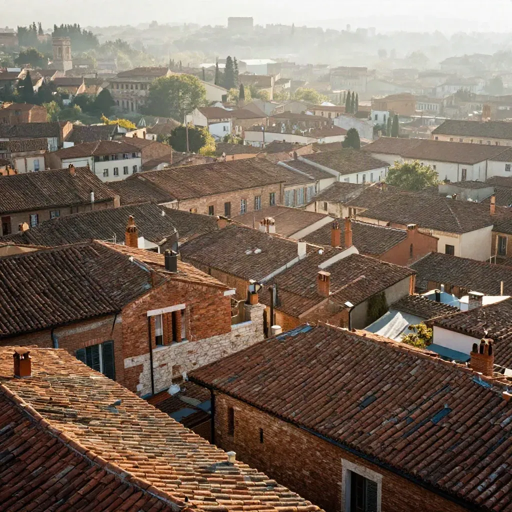 Toits en terre cuite de Toulouse dans une brume chaude, lumière de fin de journée.