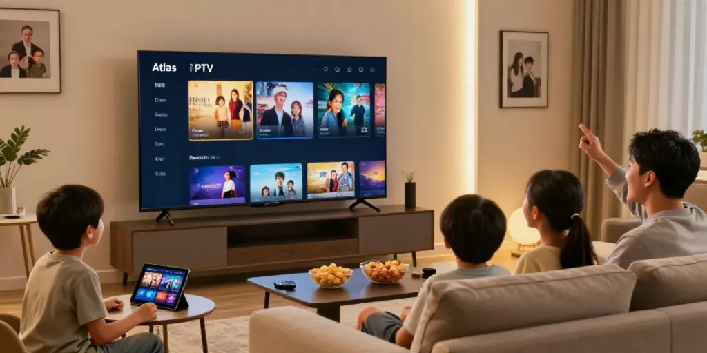 Expérience familiale avec atlas pro iptv dans un salon moderne, TV affichant l'interface de l'application.